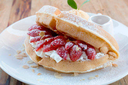 Close up of vanilla ice cream with waffle and fresh strawberry on wood table background.の写真素材