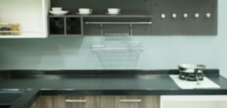 blurred image of modern kitchen interior for background.