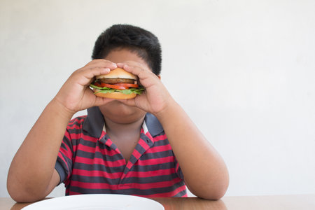 Asian boy's eating a hamburger, junk food unhealthy for children.の写真素材