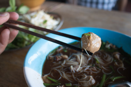 Noodle with Pork, Pork ball and vegetable.の写真素材