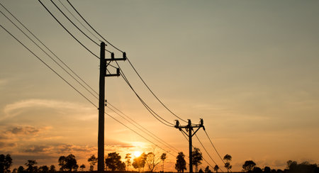 an old Power pole with line on Silhouette environment, High level of noise. sun rise or sun set time.の写真素材
