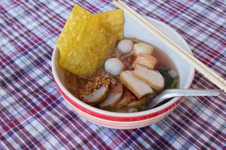 Rice Noodle with Pork ball, pork and vegetable favorite food.の写真素材