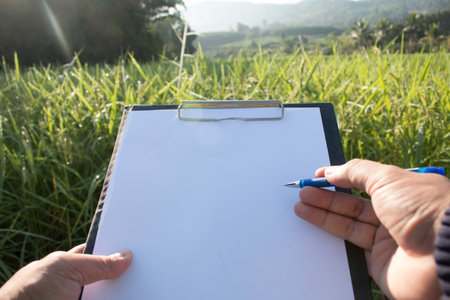 Hand holding a pen and clipboard with blank paper (document, report) checking rice growth.の写真素材