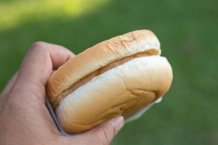 Closeup of hand holding Hamburger for eat, food concept.の写真素材