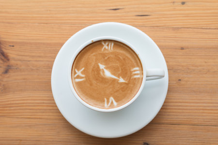 Closeup of A cup of Latte Art hot coffee over wooden  table top background in coffee's shop.の写真素材