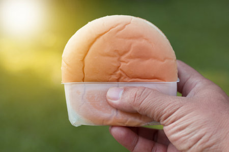 Closeup of hand holding Hamburger for eat, food concept.