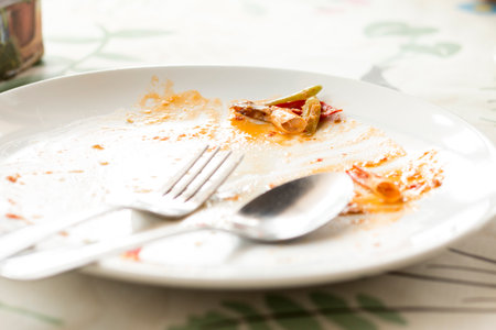 Closeup of Empty white dish with fork and spoon after eating on the table.