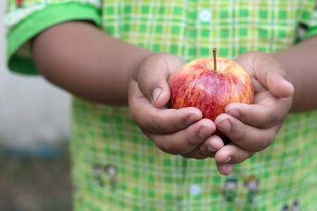 Asian boy hand holding red apple.