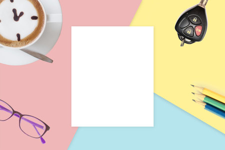 Minimal Business Working table with pastel background vintage design.の写真素材