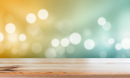Wooden desk with abstract background bokeh circles for Christmas background