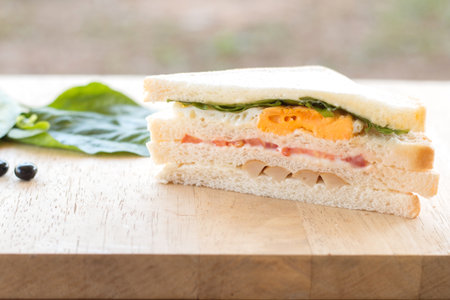 Home made Sandwich with berry fruit on wooden desk.の写真素材