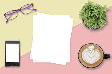 Minimal Business Working table with pastel background vintage design.の写真素材