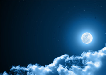 Mystical Night sky background with full moon, clouds and stars. Moonlight night with copy space for winter background.の写真素材