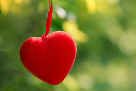 Valentines day concept, red decorate heart on a vintage green natural background design for greeting...