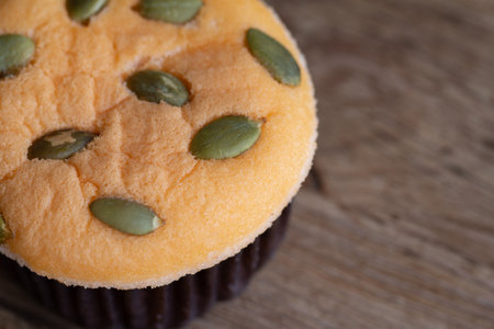 Mamon cake or cupcake on wooden desk background.の写真素材