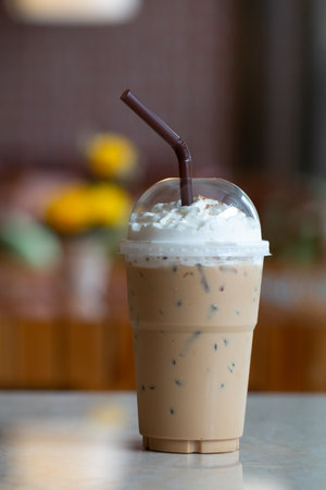 Iced coffee with milkshake, Summer refreshment drinks on desk background in cafe.の写真素材