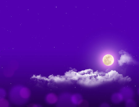 Mystical Night sky background with full moon, clouds and stars. Moonlight night with copy space Sun risk time.の写真素材