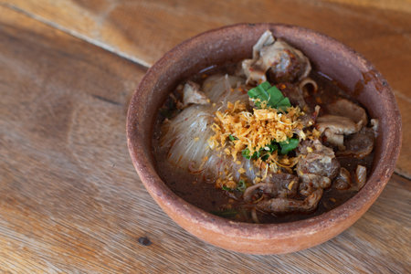 Noodles with pork and pork balls with soup, Thai noodle style.