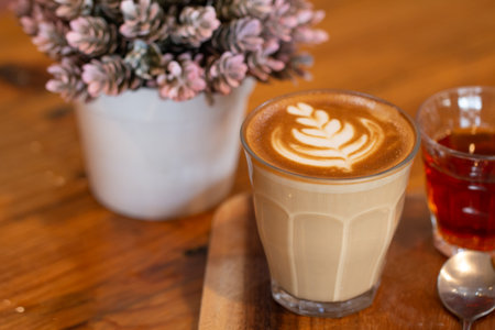A glass cup of Latte art coffee on wooden desk.