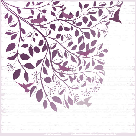 Elegant floral grunge background with branch of tree and birdsのイラスト素材