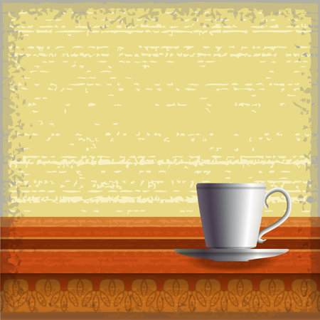 Small coffee cup standing at the wooden table with ornaments over the grunge background  のイラスト素材
