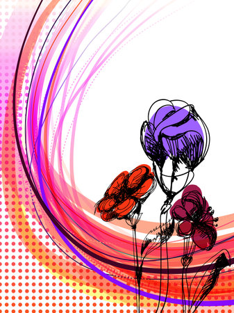 Vertical pink floral background with three sketched flowers  のイラスト素材