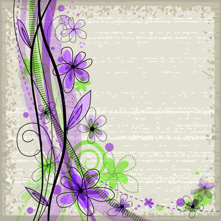 Grunge spring floral background with green and violet flowers  のイラスト素材