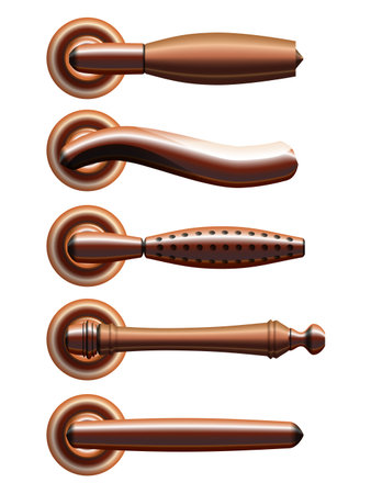 Set of five types of realistic bronze door handles  のイラスト素材