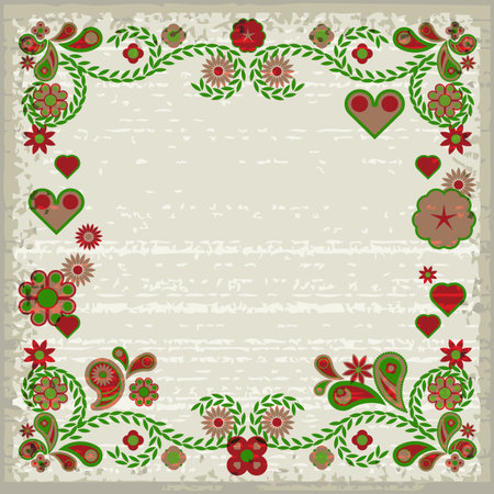 Grunge ornamental frame with soft pink and green flowers and hearts  のイラスト素材