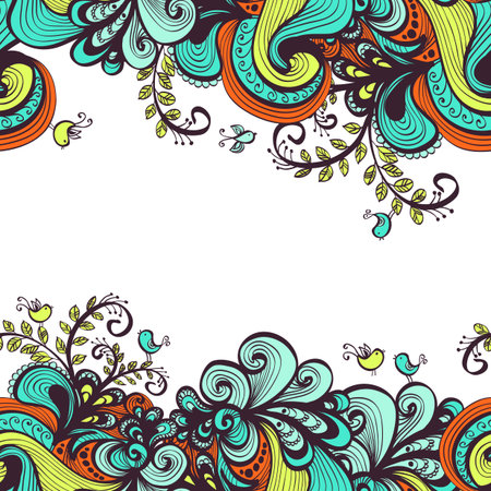 Seamless floral background with waves, clouds, plants and birds with copyspaceのイラスト素材