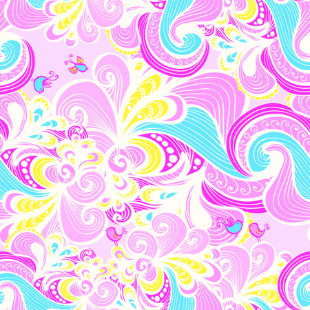 Seamless floral pink background with waves, clouds, plants and birdsのイラスト素材