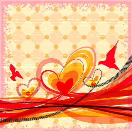 Grunge retro abstract background with hearts, birds and flowing lines  のイラスト素材