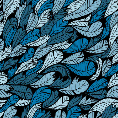 Seamless blue hand drawn pattern with featherのイラスト素材