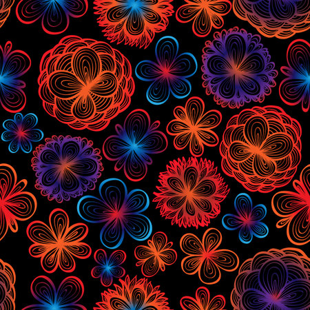 Seamless dark hand drawn  background with colorful orange and pink gradient flowersのイラスト素材