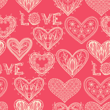 Seamless pink monochrome Valentine pattern with hand drawn ornate heartsのイラスト素材
