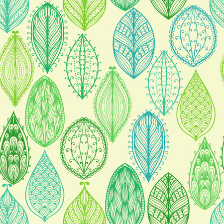 Seamless hand drawn vintage pattern with green ornate leavesのイラスト素材