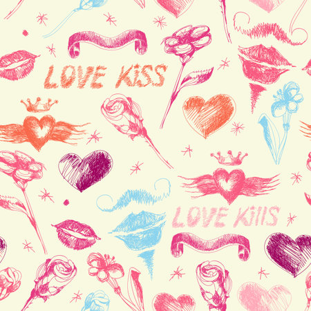 Seamless bright doodle pattern with Valentine day symbolsのイラスト素材