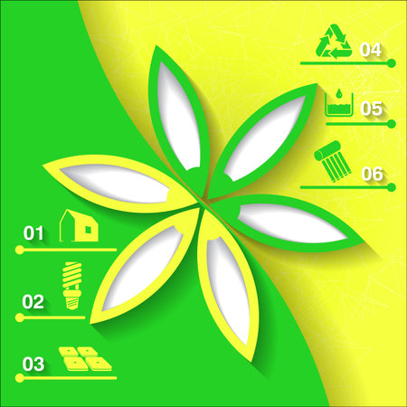 Green and yellow infograhpic background with symbols of sustainable development and bright flower  のイラスト素材