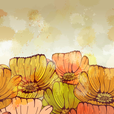 Bright hand drawn vintage  invitation card design with flowers  のイラスト素材