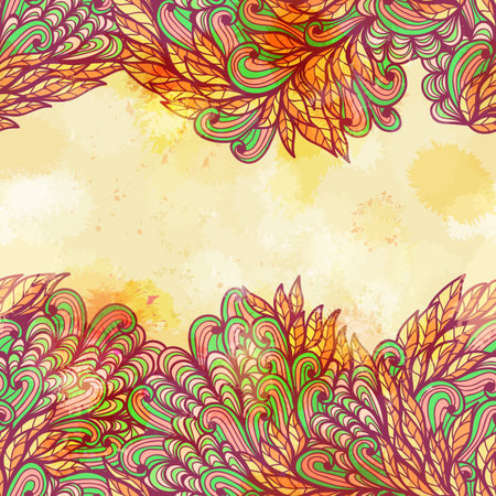 Hand drawn seamless green and orange invitation card design with leafs and plants  のイラスト素材