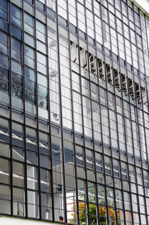 Glazed facade of the Bauhaus building in Dessau
