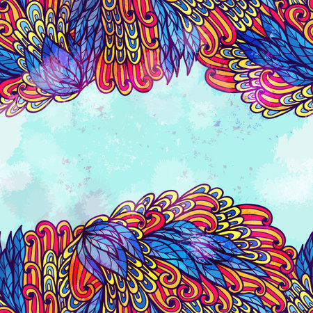 Hand drawn seamless pink and blue invitation card design with leaves. のイラスト素材