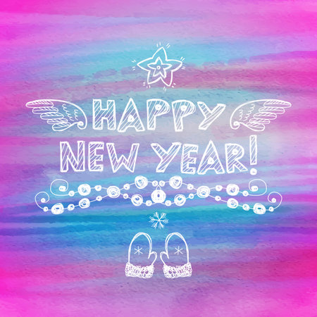 Hand drawn New Year greeting card with watercolor background. Eps10のイラスト素材