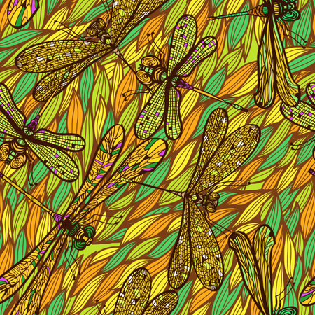 Seamless hand drawn vintagel pattern with dragonfliesのイラスト素材