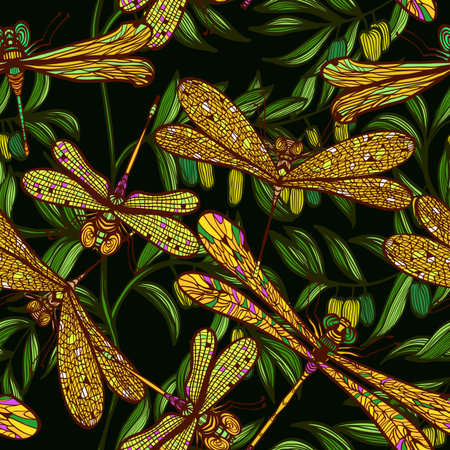 Seamless hand drawn vintagel pattern with dragonflies and olive branchesのイラスト素材