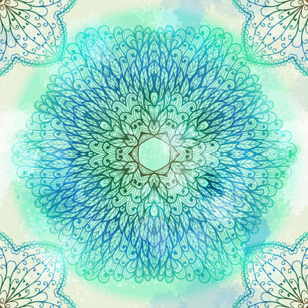 Hand drawn ethnic circular blue winter floral doodle ornamentのイラスト素材