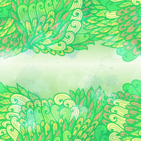 Hand drawn seamless grunge green and yellow  invitation card design with flowers and leavesのイラスト素材