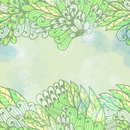 Hand drawn seamless grunge green and yellow  invitation card design with flowers and leavesのイラスト素材