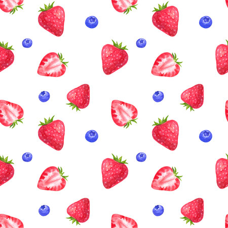 Seamless pattern with strawberry and blueberry. Hand drawn watercolor illustration. Isolated on white background.の写真素材