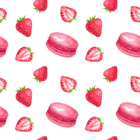 Seamless pattern with strawberry and macaroons. Hand drawn watercolor illustration. Isolated on white background.の写真素材